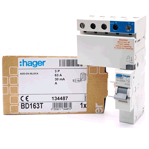 Hager Earth Leakage Add-On-Block 3P 63A 30mA A Class 1Mod - BD163T