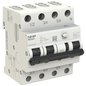 NHP MOD6+ RCBO 6kA 3 Pole and Switched N C Curve 30mA Type A - 10A/ 16A/ 20A/ 25A/ 32A