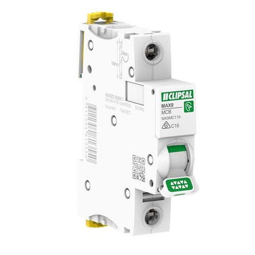 CLIPSAL MCB 1P 6kA 16A 240V C-Curve, MAX9 - MX9MC116